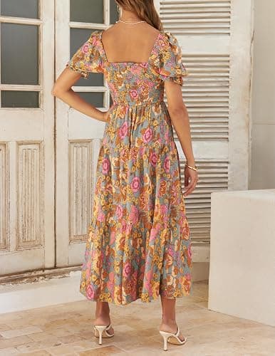 ZESICA Women's 2025 Summer Boho Floral Print Square Neck Ruffle Swing Beach Long Maxi Dress thumbnail 4