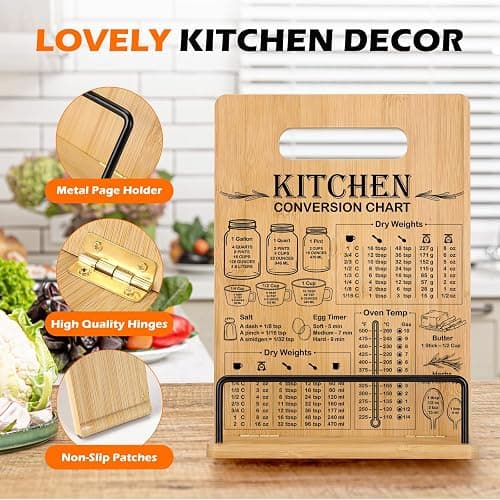 Bamboo Cookbook Stand for Kitchen Counter, Adjustable Recipe Book Holder | Cookbook Holder with Measurement Conversion Chart, Essential Accessories Women Gift for Birthday Christmas Cooking Lover thumbnail 4