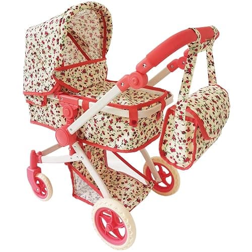 Convertible Combo Baby Doll Stroller for 3 Year Old Girls & Up | Play Toy Baby Stroller for Dolls, Folding Adjustable Bassinet Carriage Buggy with Storage Basket Converts to Sit Up Pushcart Pram, Red - Image 1