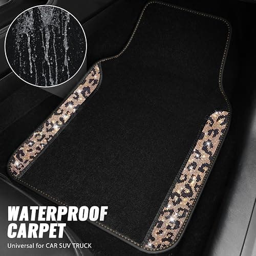 CAR PASS Bling Diamond Car Floor Mats, Shining Rhinestone Carpet Sparkly Glitter Crystal with Anti-Slip PVC Heel Pad Waterproof Universal Fit Automotive SUV,Sedan,Van,Cute Girl Women,4pcs Gold Leopard thumbnail 3