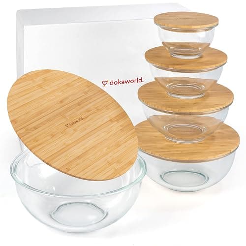 dokaworld Stackable Space-Saving Set of 5 Nesting Glass Bowls with Bamboo Lids for Foodprep, Storage, Baking, Mixing & Cooking, Microwave & Oven Safe BPA Free Heat Resistant Inert Borosilicate Glass thumbnail 9