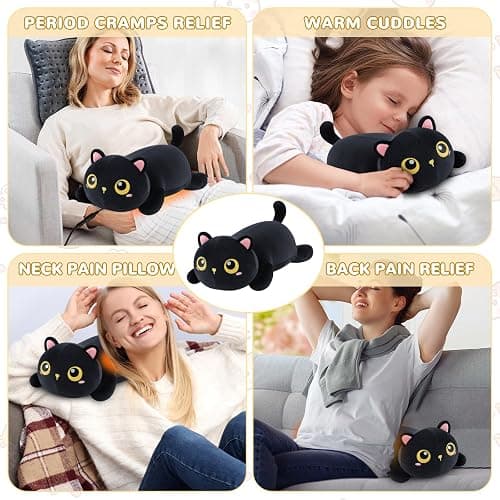 Cat Heating Pad for Period Cramps Menstrual Pain Relief, Portable Electric Heat Pads USB Powered, Cute Black Cat Plush Stuffed Animals Gift, Funny Cats Gifts for Women Teen Girls Birthday Christmas thumbnail 4