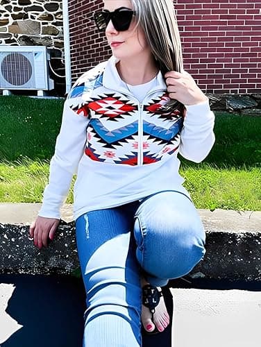 Fronage Women's Half Zip Sweatshirt Western Aztec Sweater, Casual Long Sleeve Mexico Ethnic Graphic Pullover Tops thumbnail 5