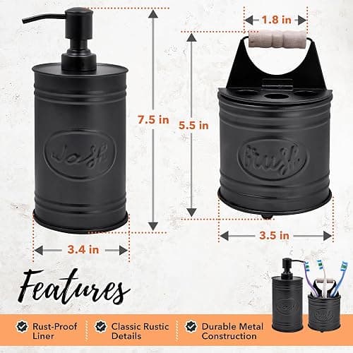 Autumn Alley Rustic Bathroom Accessories Set - Farmhouse Soap Dispenser and Toothbrush Holder Set - Western Bathroom Accessories, Farmhouse Decor for Bathroom Countertop, Galvanized Black thumbnail 3