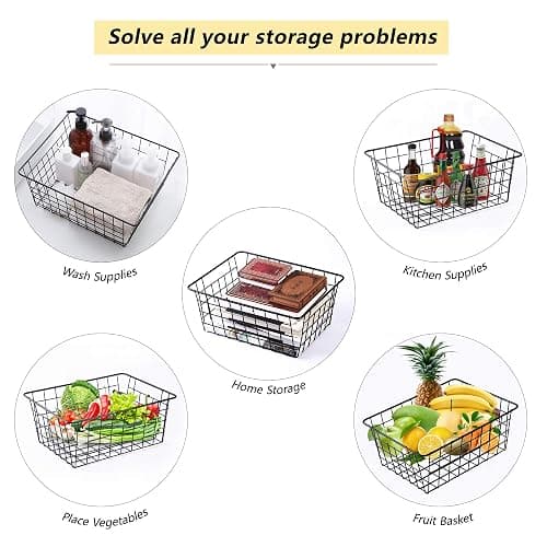 Wire Baskets for Organizing Household 4 Pack Pantry Baskets For Storage Pantry Wire Black Metal Storage Bins thumbnail 7