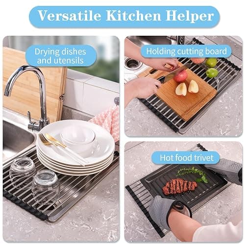 Seropy Roll Up Dish Drying Rack Over The Sink Drying Rack for Kitchen Counter, Rolling Dish Rack Over Sink Mat, Foldable Dish Drainer Stainless Steel Rack Kitchen Organization Gadgets 17.5"x11.8" thumbnail 8