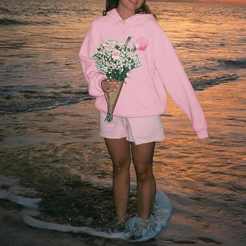 Lubpow Womens Cute Pink Flower Hoodie Aesthetic Preppy Hawaiian Hibiscus Sweatshirt Casual Puff Graphic Hoodies Pullover Tops thumbnail 4