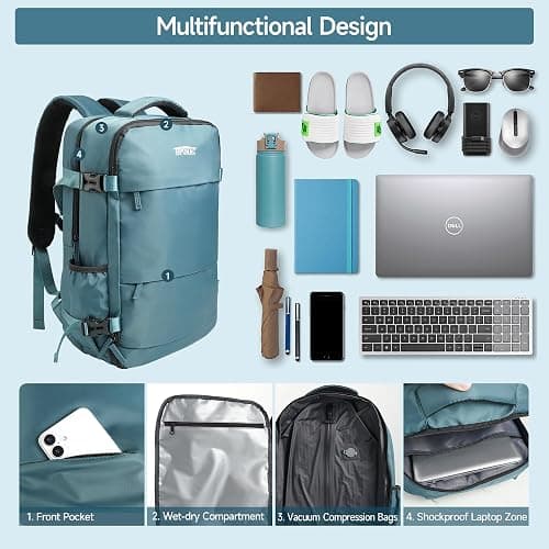 Vacuum Backpack Travel 55L, Carry On Compliant Backpack Water-Resistant, Fits 17-Inch Laptop & 6-8 Days Travel Gear, Expandable Compression System, Vacuum Pump Included, Birthday Christmas Gifts Teal thumbnail 5