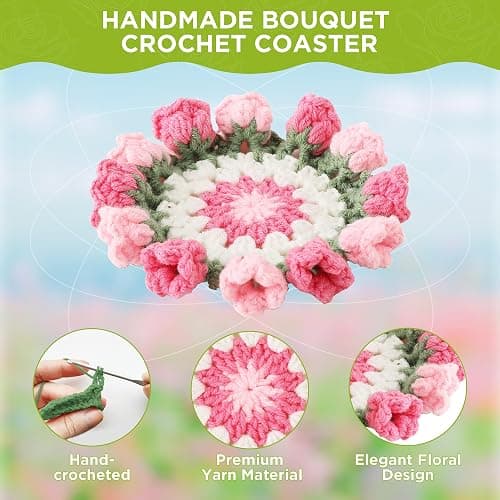 Vane Oak Flower Crochet Coasters, Handmade Bouquet Blanket Coaster with Crochet Plant Pot Fun Soft Decorative Drink Coasters for Coffee Tabletop Protection and Home Decor (Pink, 1Pc) thumbnail 5