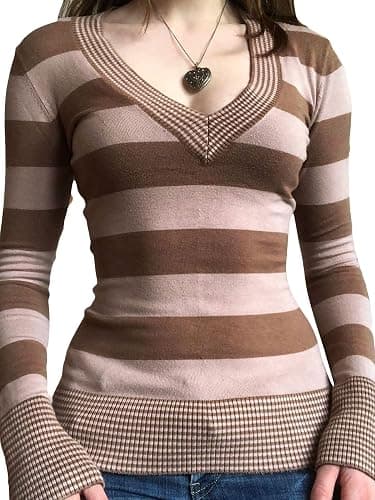 FeMereina Women's Y2K Striped Long Sleeve Crop Tops V-Neck Knitted Pulolver Vintage Aesthetic T-Shirts Fairy Grunge Slim Fitted Teen Girls Blouses thumbnail 3