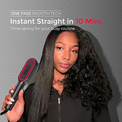 TYMO Hair Straightener Brush - Upgraded Ionic Compact Straightening Brush for Women with Wave-Design Bristles, Fast, Smooth Styling, Lightweight Hot Comb & Travel Flat Iron, 1 Billion Ions, Black thumbnail 4