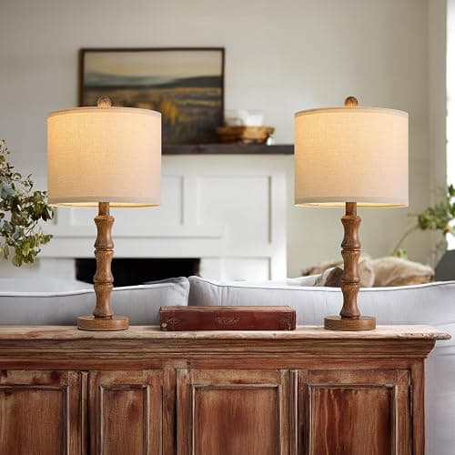 BOBOMOMO 20.5" Rustic Table Lamps Set of 2, Farmhouse Nightstand Lamp with Wood Grain Resin Base & Linen Shade, Small Bedside Lamp for Bedroom, Living Room & Apartment Décor- Ideal for Small Spaces thumbnail 6