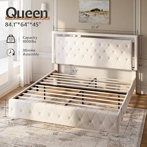 Jocisland Queen Bed Frame with LED Lights Headboard&Footboard, Velvet Upholstered Queen Size Platform Bed Frame No Box Spring Needed/Cream thumbnail 3
