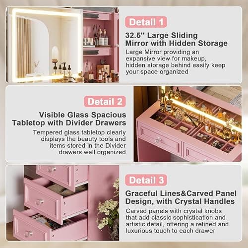 SDMY Vanity Desk with Mirror and Lights, Makeup Vanity Set with 5 Storage Drawers,Power Outlet,Small Dressing Table with Lights 3 Colors,Transparent Top Vanity with Jewelry Organizer for Bedroom,Pink thumbnail 4