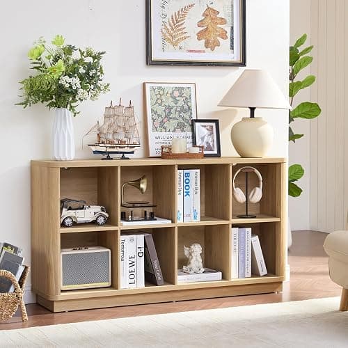 Joaxswe 8 Cube Storage Book Shelf, 52" Long Horizontal Bookshelf with Curved Edge, Floor Standing Wooden Cubby Bookcase with Base, Modern Low Console Book Case, TV Stand for Living Room, Natural Oak thumbnail 2