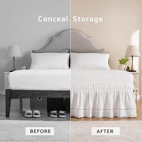 MIYE Wrap Around Ruffled Lace Bed Skirt, Elastic Dust Ruffle with Adjustable Belts,15 Inch Drop Easy to Put On, Bed Frame Cover, Machine Washable (Floral Lace, King/Queen-15) thumbnail 3