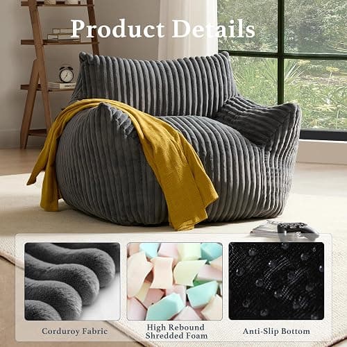 Giant Plush Bean Bag Chair for Adults with Armrests - Oversized Comfy Grey Beanbag Lounge Lazy Floor Sofa Accent Chair for Living Room, Bedroom & Dorm, Cozy Fluffy Single Cloud Mini Couch thumbnail 3