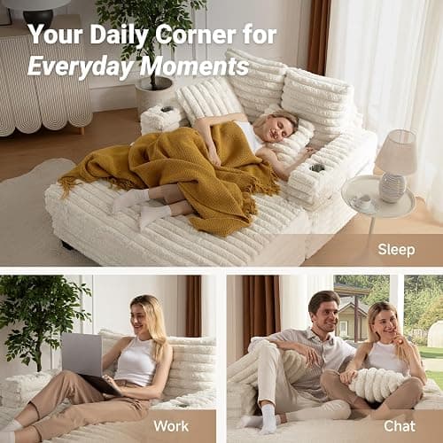 Chaise Lounge Chair Indoor, Amsleekey 64" Oversized Sleeper Chair with Wood Frame, Upholstered Sofa Bed for Living Room, Movie Room, Bedroom with 4 Storage Pockets&2 Cup Holders(Plush Corduroy, Beige) thumbnail 9