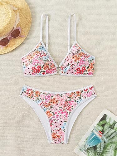 Fanuerg Women's Triangle Bikini Sets O Ring Linked Two Piece Swimsuits Floral Printed Cheeky Bathing Suit thumbnail 4