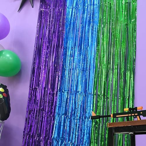 Mega-L Video Game Birthday Decorations, 2Pack Purple Blue Green for Night Backdrop Streamers 3.3x6.6ft Foil Fringe Curtains for Boys Game Fans Holiday Party Supplies Pixel Photobooth Props Wall Decors thumbnail 6