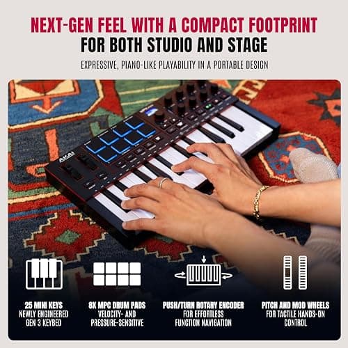Akai Professional MPK Mini IV USB-C MIDI Keyboard Controller for Beginners and Producers - MPC Drum Pads, 360° Knobs, Pitch and Mod Wheels, Production Software, Native Instruments Sound Package, Black thumbnail 3