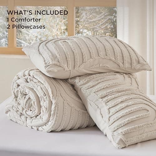Bedsure Boho Tufted Queen Comforter Set - Beige Boho Bedding Comforter Sets, 3 Pieces Farmhouse Shabby Chic Embroidery Bed Set, Soft Fluffy Cozy Arch Pattern Comforter for All Seasons thumbnail 6
