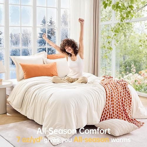 MUXHOMO Queen Comforter Set, All Season Ultra Soft Down Alternative Bedding - 3 Piece Lightweight Bed Set Includes 1 Comforter (90"x90") and 2 Pillow Shams (20"x26"), Ivory thumbnail 4