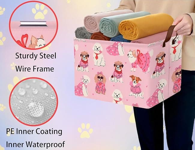 BOOHIT Pink Dog Toy Basket Collapsible Puppy Bin Storage Organizer Large Pet Box With Handles (Girl Dog) thumbnail 4