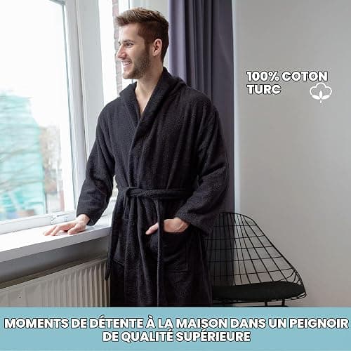 Twinzen Peignoir de Bain Homme - 100% Coton avec Capuche - Certifié Oeko-TEX® - Robe de Chambre Eponge 2 Poches, Ceinture - Doux, Absorbant et Confort thumbnail 2