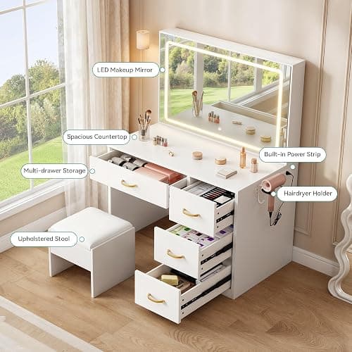 YITAHOME Vanity Desk Set with Large 35" LED Mirror and Lights, Makeup Table with 4 Drawers & Stool, 2 AC Outlets and 2 USB Ports, Adjustable Lighting, Modern Ample Storage Dressing Table, White thumbnail 4