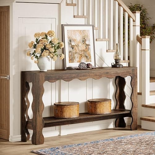 Tribesigns 63 Inch Entryway Table, Modern Rustic Entry Table with Scalloped Edge & Storage Shelf, Accent Narrow Long Sofa Table Behind Couch Console Tables for Entryway, Living Room, Dark Brown thumbnail 3