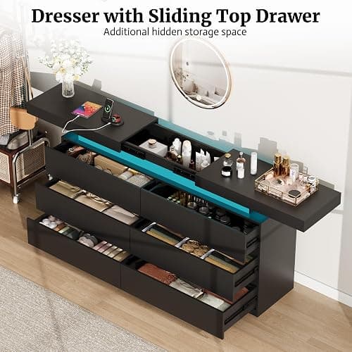 6 Drawer Dresser for Bedroom, Black Dresser with Power Outlet, LED Light, Sliding Desktop, Modern Wood Dressers, Dual Wide Chest of Drawers Storage Organizer for Bedroom,Living Room,Entryway,Hallway thumbnail 8