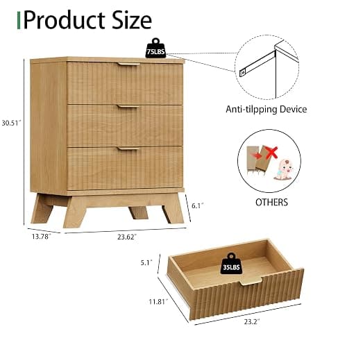 Fluted Nightstand, 24" Wide Side Table with 3 Large Storage Drawers, Mid Century Modern Wood Night Stand with Metal Handle, Wooden Bedside End Table for Bedroom, Living Room, Closet, Natural Oak thumbnail 2