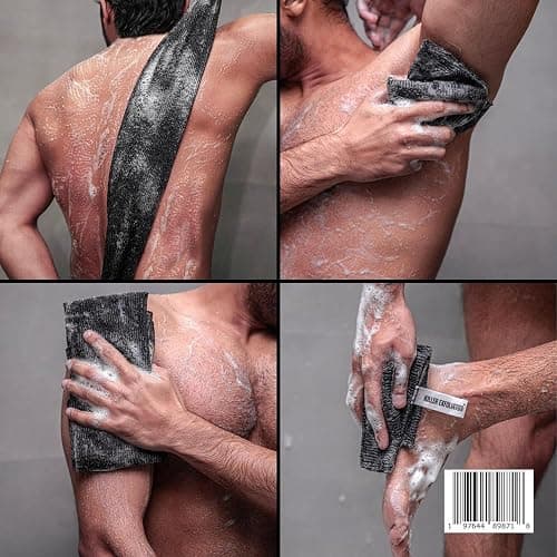 Extra Rough Exfoliating Washcloth-Extreme Body & Back Scrubber for Shower, Extra Long, Hygienic Rough Exfoliator, Men & Women, 2 Count Pack, Black & Grey, Killer Exfoliator thumbnail 2