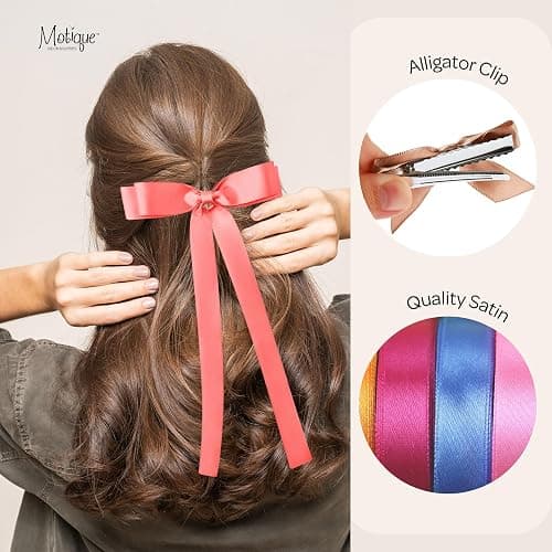 Satin Hair Bows Set of 3, 2 Mini Ribbon Bows and 1 Thick Ribbon Bow with Tails (White) thumbnail 4