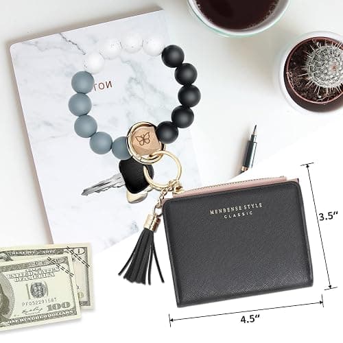 Keychain Bracelet Wristlet with Wallet Card Holder Pocket,Tassel Keychain Bangle Key Ring for Women thumbnail 2