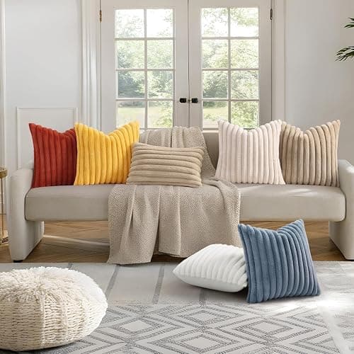 decorUhome Faux Fur Christmas Throw Pillow Covers 18x18 Set of 2, Decorative Soft Plush Striped Neutral Couch Euro Pillow Covers with Velvet Back for Sofa, Bed, Living Room Home Decor, Cream White thumbnail 7