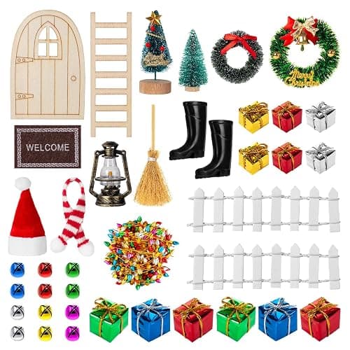 38Pcs Doll House Christmas Decoration, Miniature Christmas Dollhouse Accessories Fake Light Door Mini Xmas Tree 1:12 Miniature Scene Model Pretend Toys DIY Festival Holiday Party Favors - Image 1