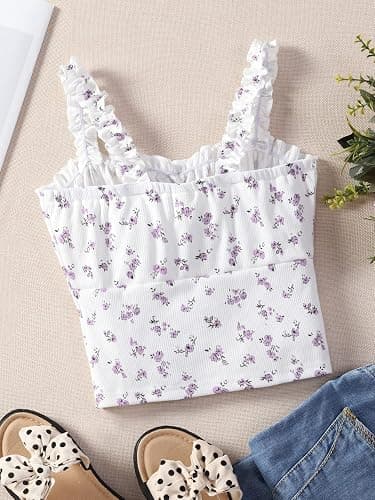 SOLY HUX Girl's Ditsy Floral Print Frill Trim Cami Crop Top Cute Summer Tops Preppy Clothes thumbnail 2