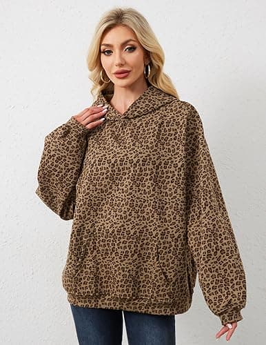 Eutten Womens Camo Hoodies Maple Leaf Print Oversized Hooded Sweatshirt Fleece Pullover Sweatshirts Long Sleeve with Pocket - Small - Leopard Khaki thumbnail 5