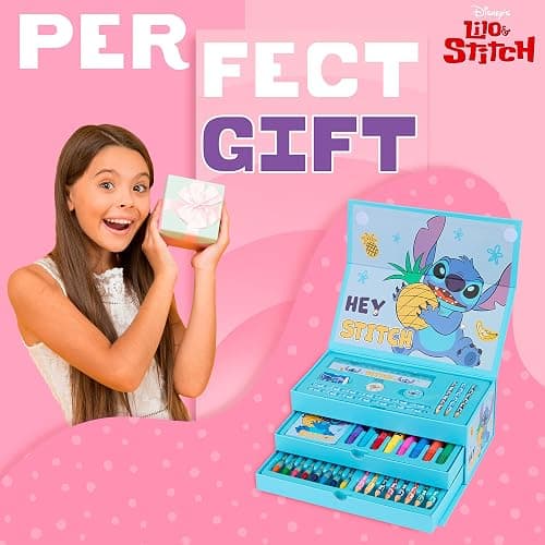 Disney Stitch Kids Colored Pencils Drawing Kit Art Set for Girls Boys Stationery with Notepad Crayons Markers Travel Case Gifts for Kids (Blue Stitch) - Blue thumbnail 3