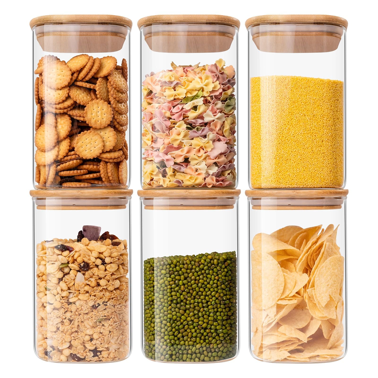 Liuruiyu Glass Food Storage Jars 37 oz Set of 6,Glass Storage Containers Clear Glass Food Canister with Bamboo Lid Airtight For Serving Tea,Coffee,Flour,Sugar,Candy,Cookie,Spice and More (Square) - Image 1