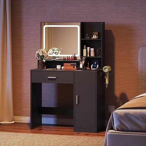 WLIVE 35‘’ Modern Makeup Vanity Desk with Mirror and Lights, Dressing Table with Storage Drawers and 3 Open Shelves for Bedroom, Makeup Table with Power Outlets and Hairdryer Holder, Black thumbnail 7