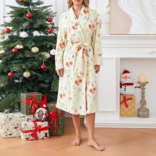 Owl's-Yard Women's Soft Summer Dressing Gown Floral Fruit Print Plush Shawl Collar Bathrobe Warm Lounge Robe with Belt thumbnail 3