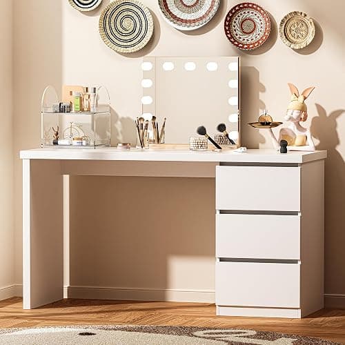 furtble White Desk with Drawers, 47'' W Home Office Desk Gaming Table, Modern Vanity Desk with Storage, Wood Computer Desk Writing Workstation for Bedroom, Living Room thumbnail 2