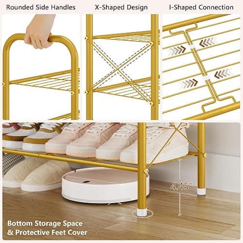 Hoctieon 4 Tier Mesh Style Shoe Rack, Entryway Shoe Shelf, Shoe Storage Organizer, Shoe Rack for Closet, Space Save for Bathroom, Garage, Hallway, Bedroom, Living Room, Gold thumbnail 7