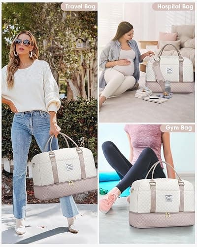 Travel Duffle Bag Weekender for Women: Travel Duffel Bag Carry-On Overnight Bag with Shoe Compartment & Wet Pocket Large Weekend Tote Bag withGym Duffel Bag for Hospital Beige thumbnail 7