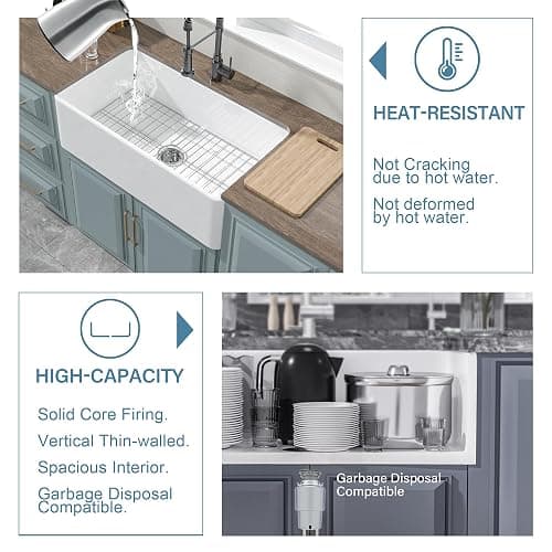 HOMLYLINK White Farmhouse Sink 33 x 18 Inch, Large Firecaly Apron Front Undermount Farm Sink Heavy Duty Single Bowl, with Custom Accessories 2 Types, Pure White, for Kitchen thumbnail 7