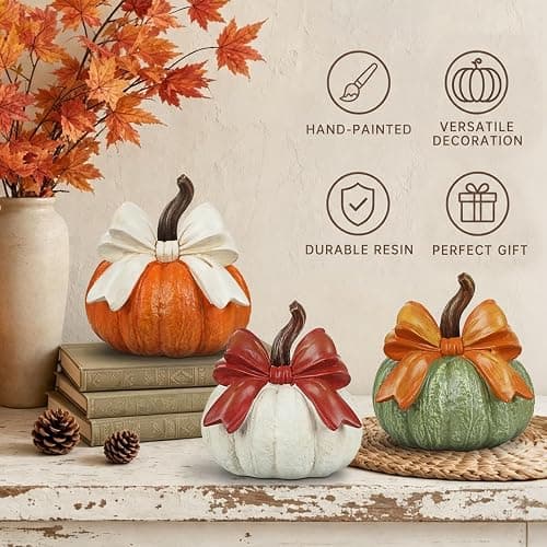 Set of 3 Fall Decorations for Home, Artificial Resin Pumpkin with Bow Decor | Fall Harvest Decorative Rustic Pumpkins Statues Indoor Outdoor Halloween Table Centerpiece Thanksgiving Home Decor thumbnail 4