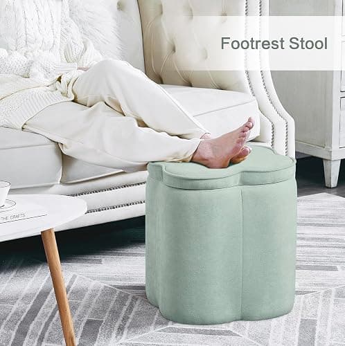 Crestview Collection Foot Rest Ottoman with Storage,Sage Green Chenille Fabric Flower Ottoman for Living Room, Vanity Stool for Bedroom,Floor Pouf for Home Decor,Seafoam Green,18 inches thumbnail 7